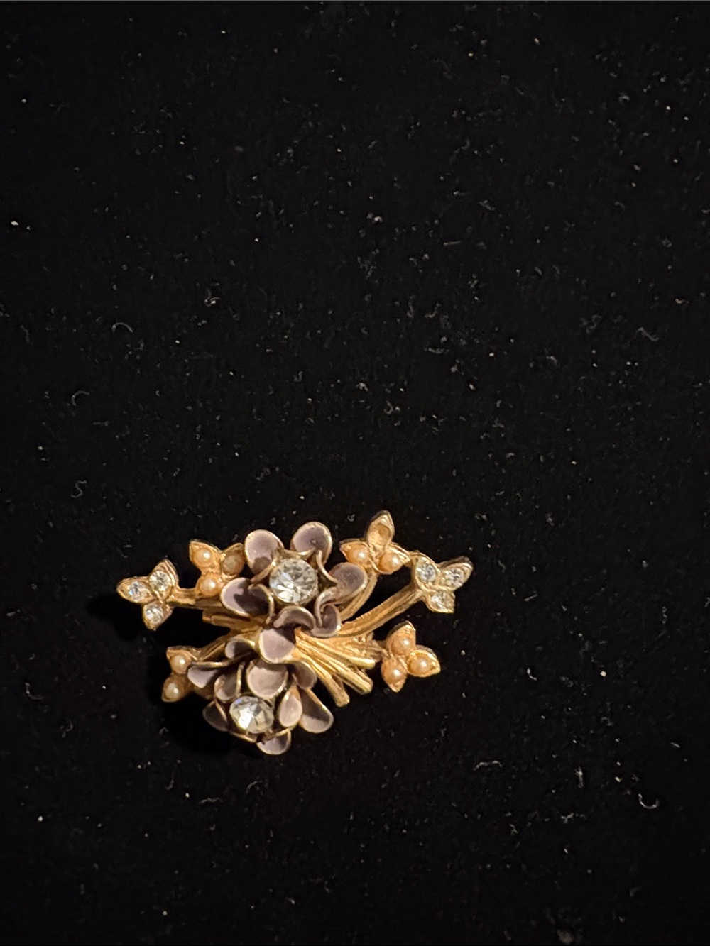 Source Unknown Gold Floral Brooch with Pale Purple Enamel and Clear Stones